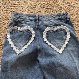 Heart Pocket Blue Jeans with Lace Detail
